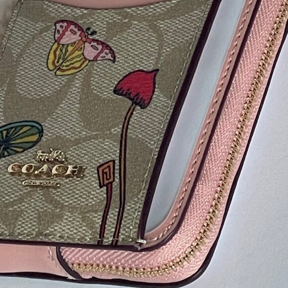 Coach Observed By Us Zip Card Case Signature Canvas Leather Khaki CU403 Pink - Picture 7 of 7